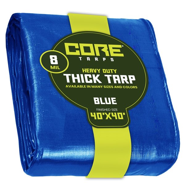 Core Tarps 40 ft L x 0.5 mm H x 40 ft W Heavy Duty 8 Mil Tarp, Blue, Polyethylene CT-405-40X40